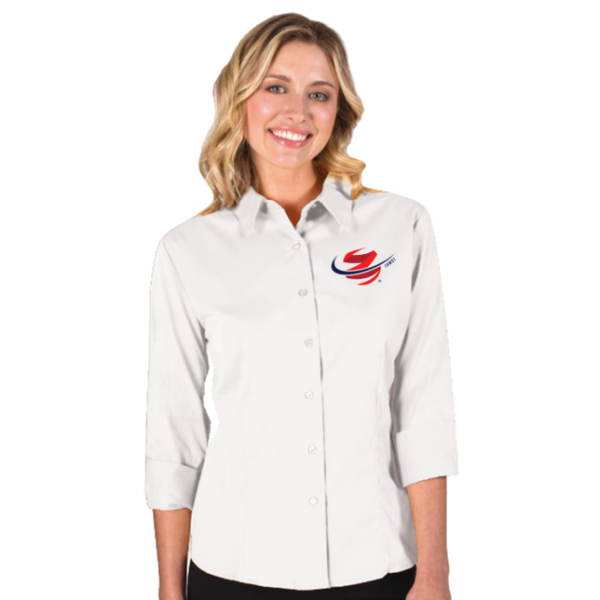 A woman wearing a white shirt with a red and blue logo.