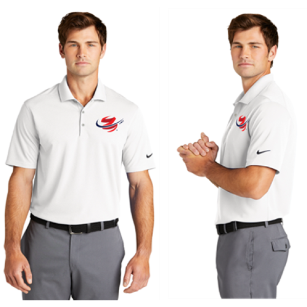 A man wearing nike golf shirts with the logo of a red and blue flying fish.