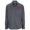 A gray shirt with a red and blue logo on it.