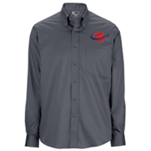 A gray shirt with a red and blue logo on it.