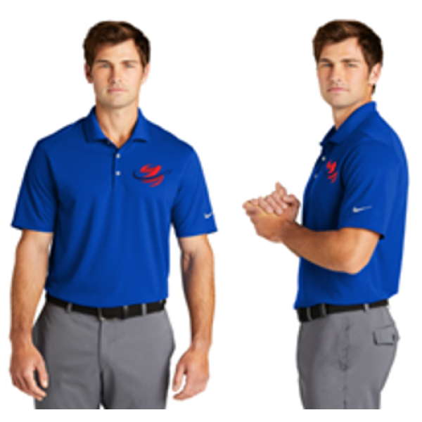 A man wearing blue nike polo shirt with logo.