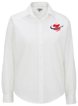 A white shirt with a red and blue logo on the chest.