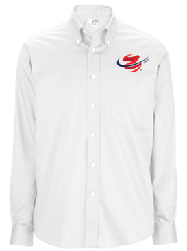 A white shirt with a red and black logo on the chest.